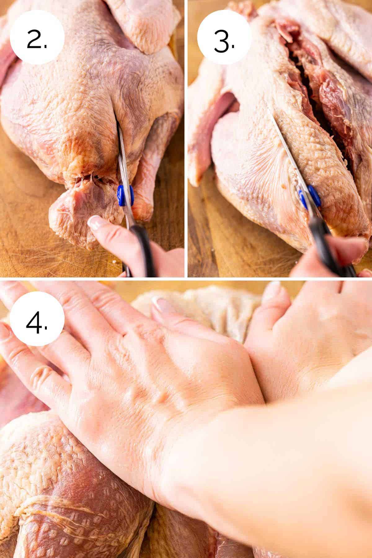 A collage showing the process of removing the backbone and flattening the breast to spatchcock the turkey.