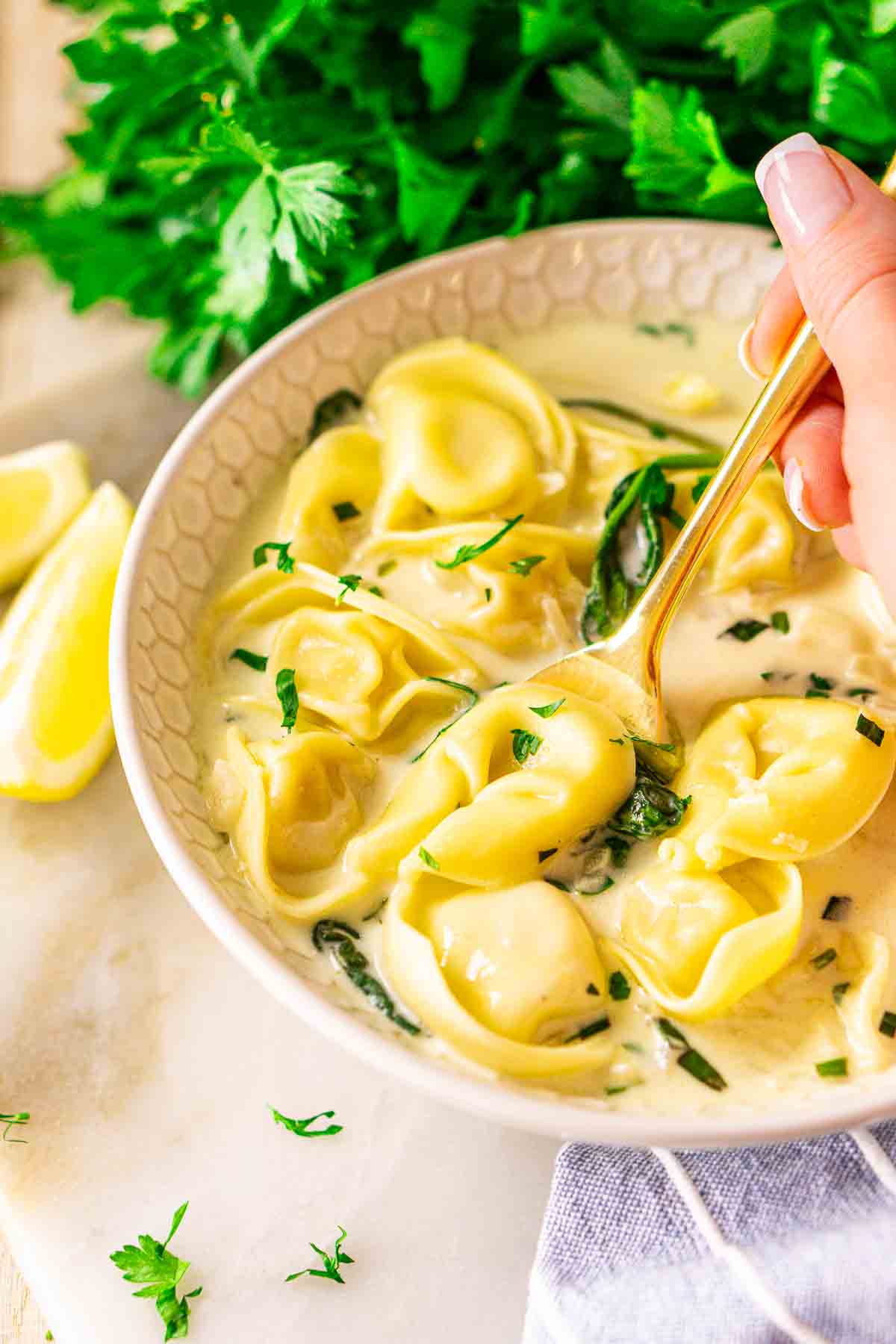 A hand holding a gold spoon dipping into the bowl of tortellini soup with freshly chopped parsley scattered around it.
