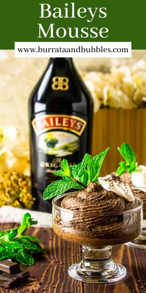 A cup of Baileys mousse on a wooden board with chocolate around it and text overlay on top of the image.