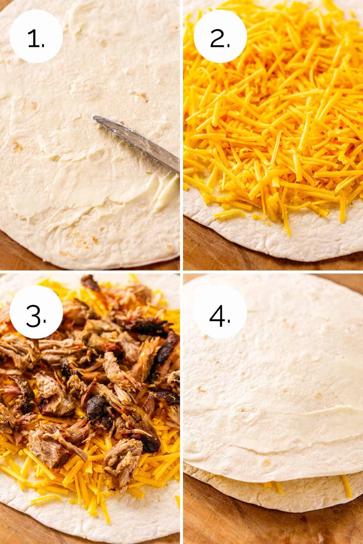 A four-photo collage showing the process of filling the tortillas with cheese and carnitas to make the quesadilla.