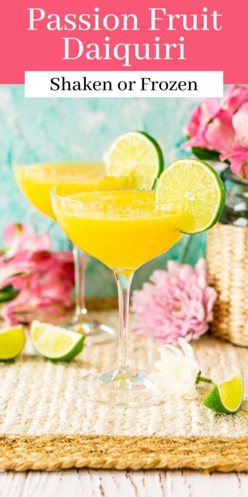 A passion fruit daiquiri on a straw placemat against a blue background with flowers around it and text overlay on top.