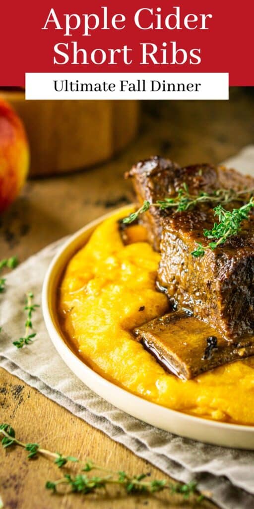 The apple cider short ribs on a plate with polenta and text overlay on top of the image.