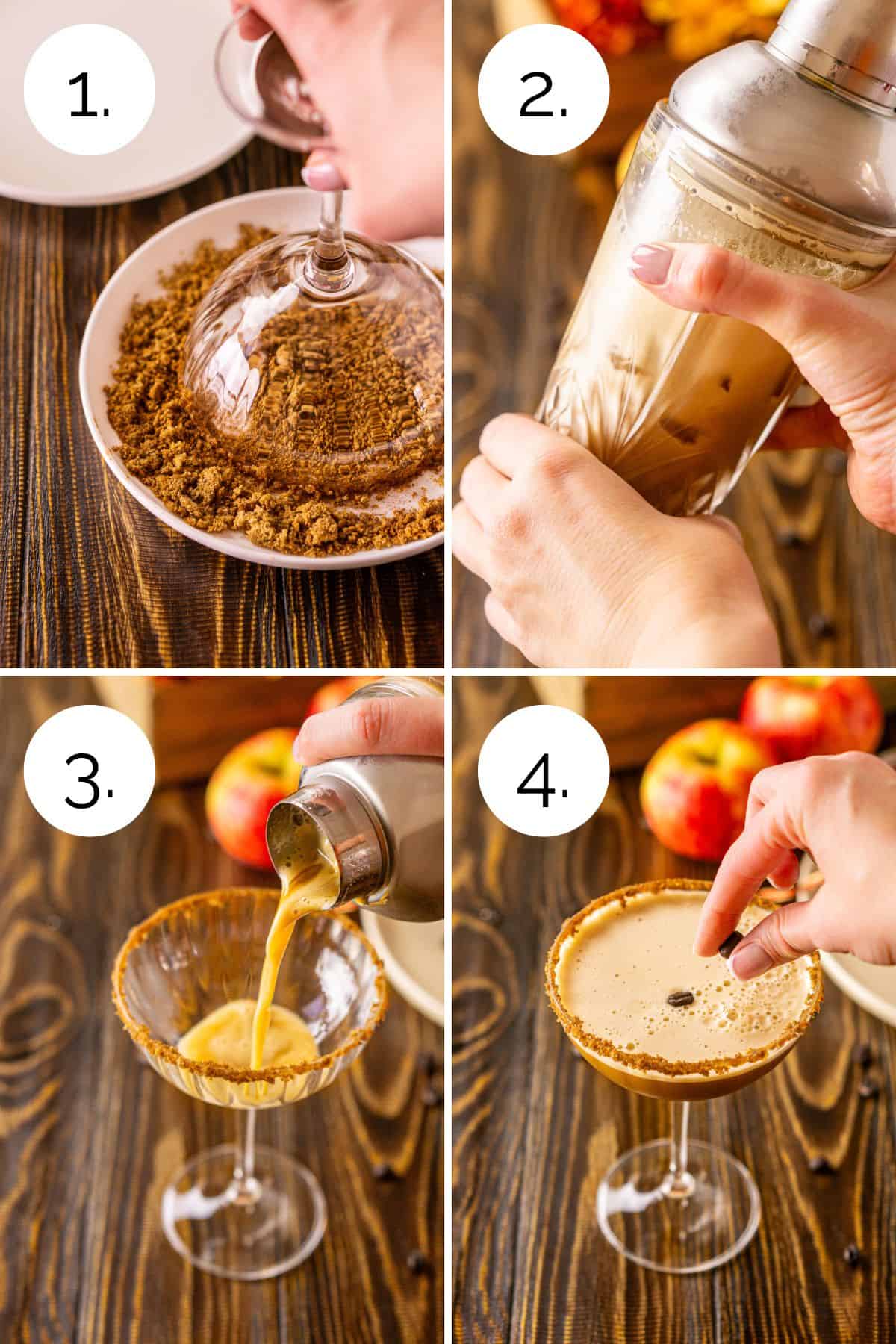 A four-photo collage showing the process of making the apple espresso martini with numbers by each step.