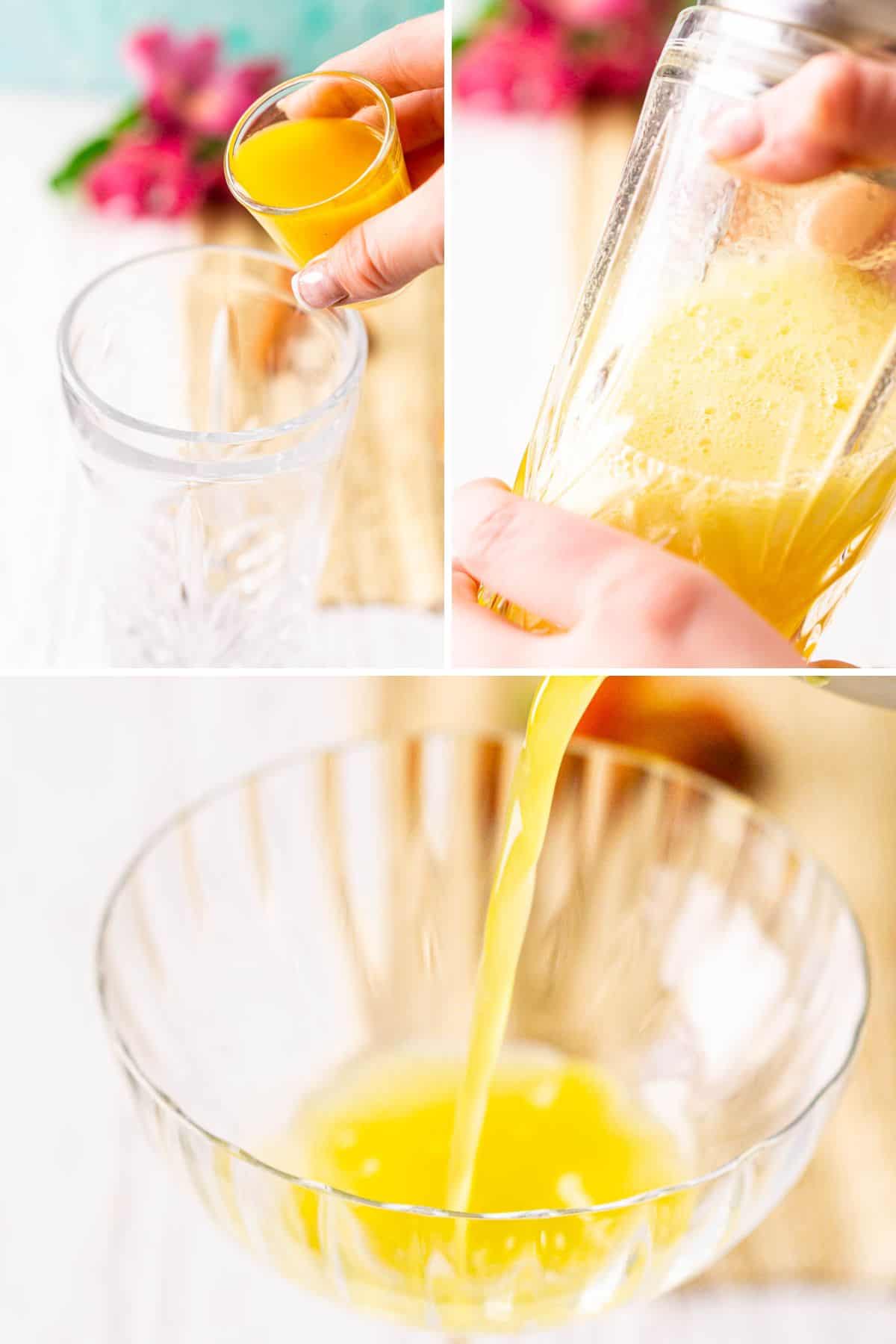 A collage showing the processing of making a shaken passion fruit daiquiri in a clear cocktail shaker and pouring it into the glass.