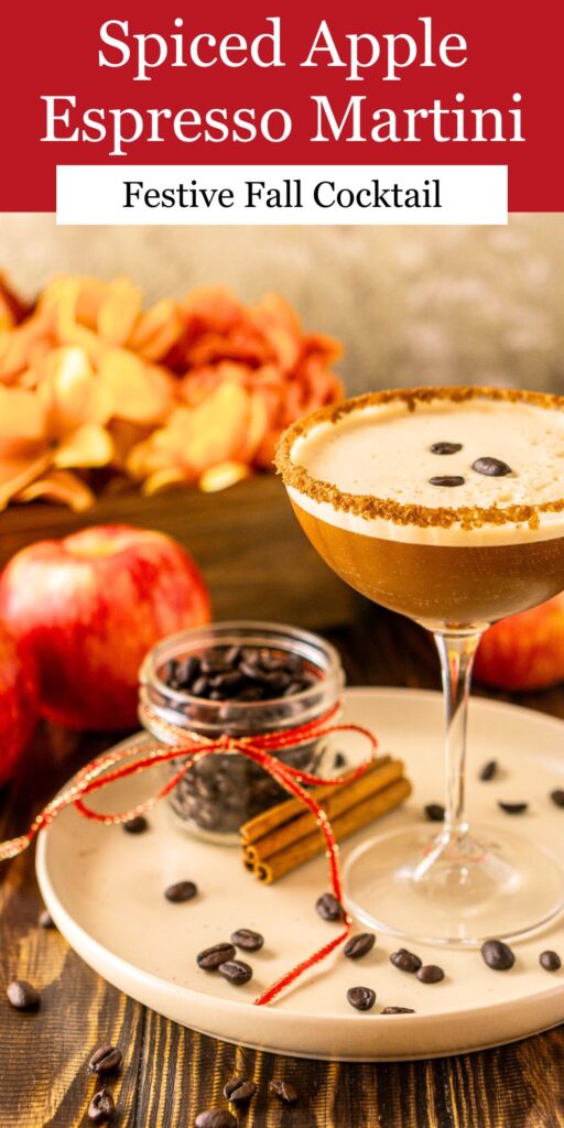 An apple espresso martini on a cream-colored plate with coffee beans scattered around it and text overlay on top.